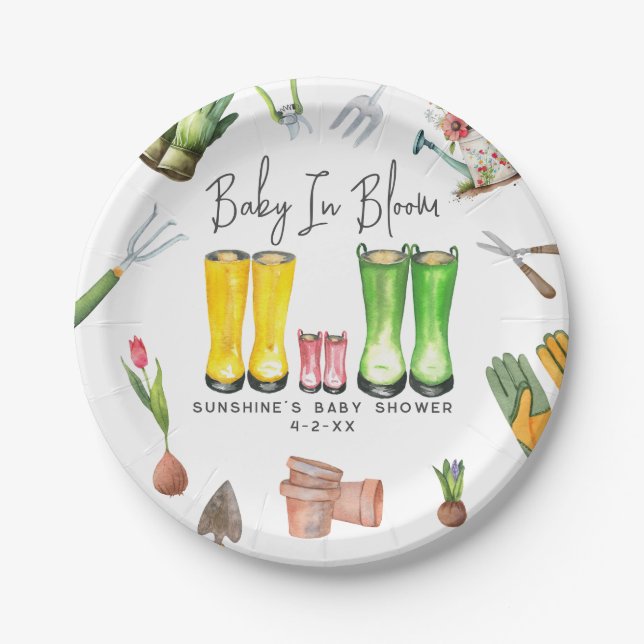 Baby in Bloom Pink Rain Boots Garden Baby Dusche Pappteller (Vorderseite)