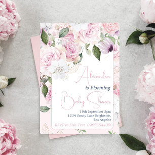 Baby in Bloom Pink Roses Blumenbaby Dusche Einladung