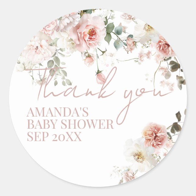 Baby in Bloom Pink Roses Floral Girl Babydusche Runder Aufkleber (Vorderseite)