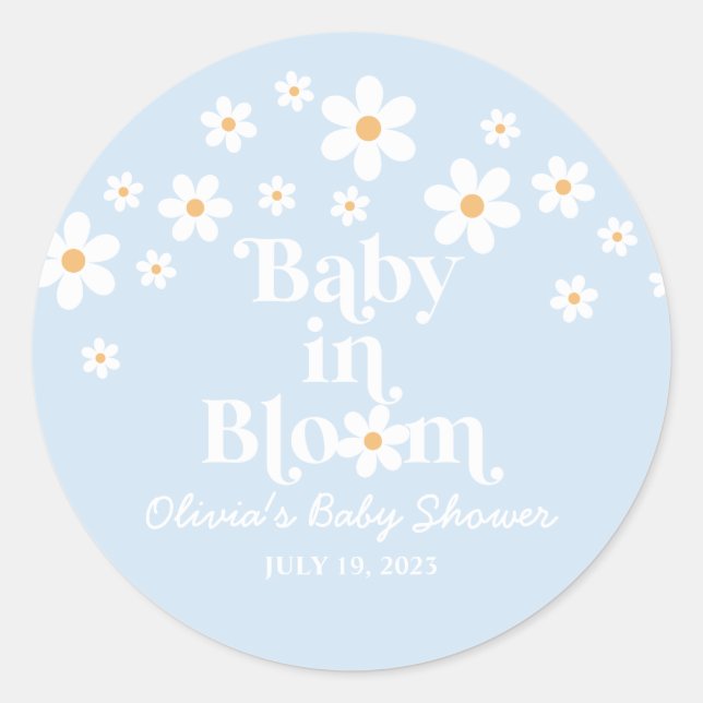 Baby in Bloom! Retro Daisy Blue Boho Baby Dusche Runder Aufkleber (Vorderseite)