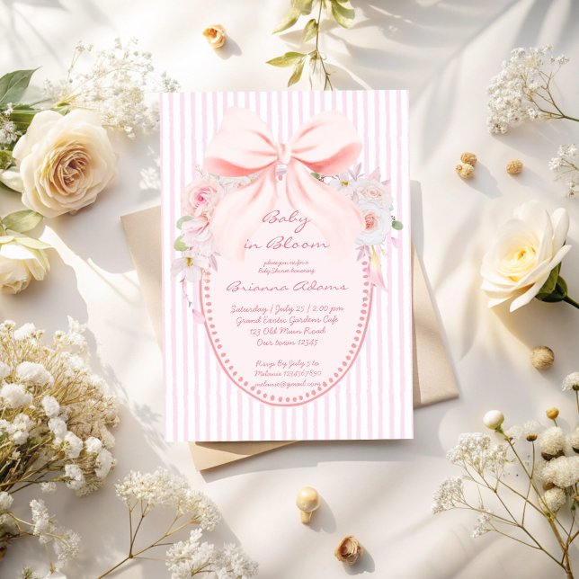 Baby in bloom retro preppy bow baby shower einladung (Baby in bloom retro pink stripes preppy bow girls baby shower invitation cards template)