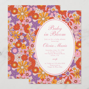 Baby in Bloom Retro-Rosa Groovy Baby Shower Einladung