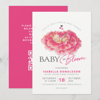 Baby in Bloom rosa Blumen-Baby-Party QR-Code RSVP Einladung