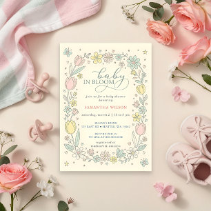 Baby in Bloom Rosa Gelbe Blumige Mädchen Babyparty Einladung