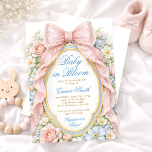 Baby in Bloom Rosa Schleife Florale Babyparty Einladung