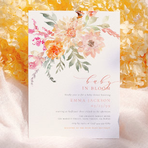 Baby In Bloom Rosa und Blaugrüne Frühlingsblumen Einladung