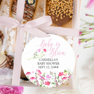 Baby in Bloom Rosa Wildblumen-Baby-Party Runder Aufkleber