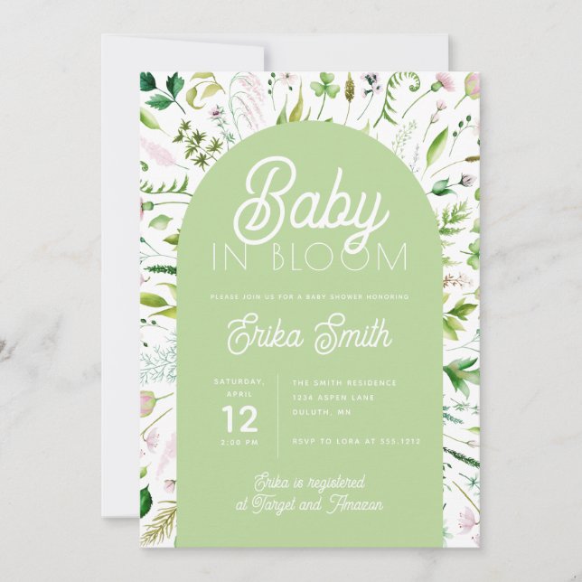 Baby in Bloom Sage Green Baby Dusche Einladung (Vorderseite)