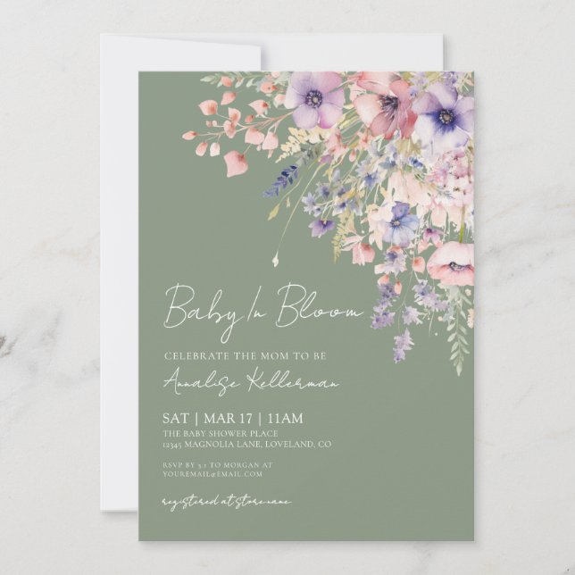 Baby In Bloom Sage Green Baby Shower Einladung (Vorderseite)