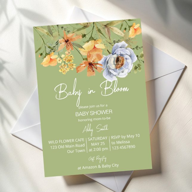 Baby in bloom sage green baby shower  einladung (Baby in bloom sage green yellow blue wild flowers summer baby shower invitation cards template)