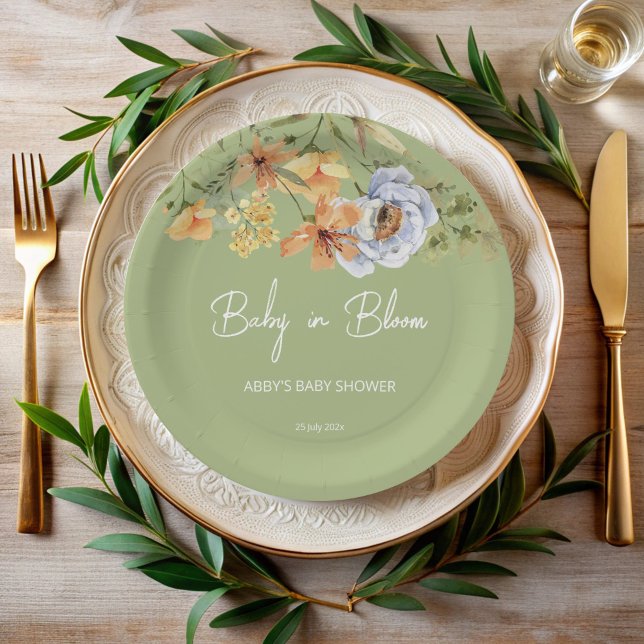 Baby in bloom sage green baby shower printed pappteller (Baby in bloom sage green baby shower monogrammed printed paper plates personalized table decor)