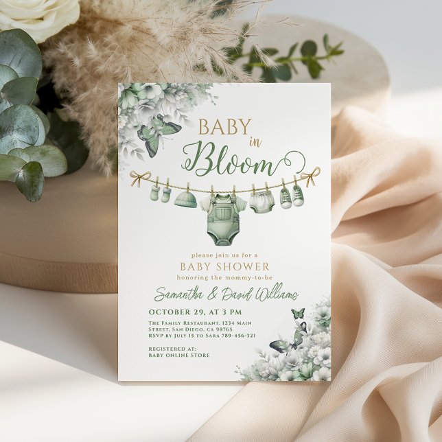 Baby in Bloom Sage Green Floral Baby Shower Einladung (Von Creator hochgeladen)