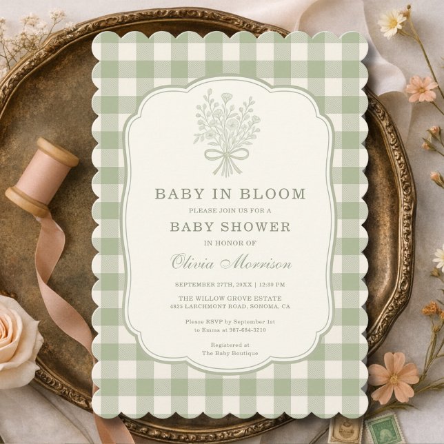 Baby in Bloom Sage Green Gingham Baby Shower Einladung (Von Creator hochgeladen)