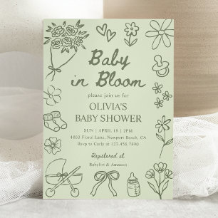 Baby in Bloom Salbeigrün Handgezeichnete Babyparty Einladung