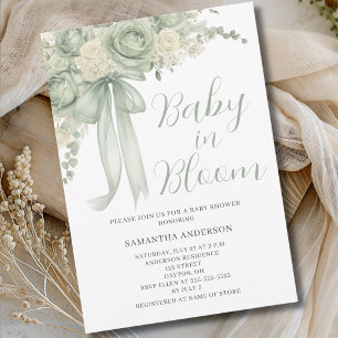 Baby In Bloom Salbeigrüne Florale Babyparty Einladung