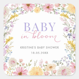 Baby in Bloom: Sanfte Wildblumenwiese Baby Shower Quadratischer Aufkleber