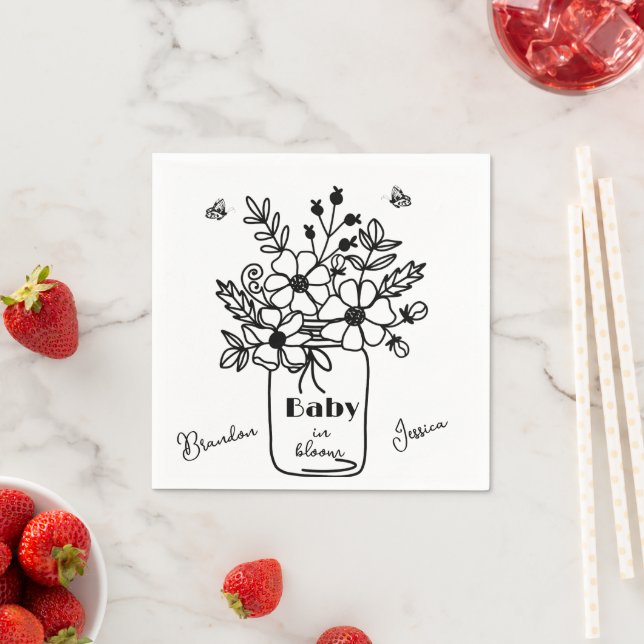 BABY IN BLOOM SCHWARZ & WEISS BABYSHOWER  SERVIETTE (Beispiel)