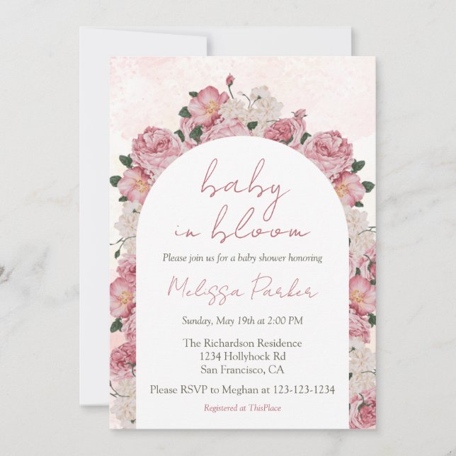 Baby in Bloom Script Rosa Bloral Baby Dusche Einladung (Vorderseite)
