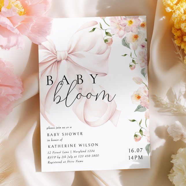 Baby in Bloom Soft Pink Bow Kinderdusche Einladung (Von Creator hochgeladen)