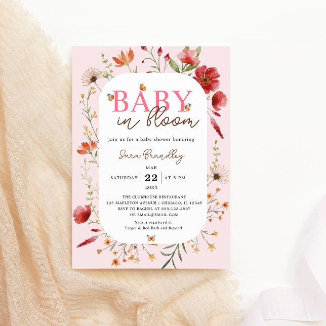 Baby in Bloom Soft Pink Wildblumen Kinderdusche Einladung (Baby in Bloom Soft Pink Boho  Wildflowers Butterfly Baby Shower Invitation
)