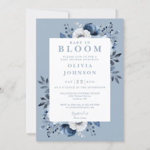 Baby In Bloom Staubblau Moderne Florale Babyparty- Einladung