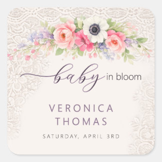 Baby in Bloom Süße Florale Babyparty Quadratischer Aufkleber
