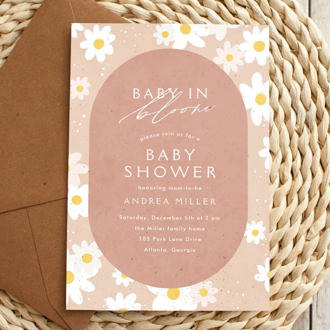 Baby in Bloom Taupe Daisies Baby Shower Einladung ("baby in bloom" baby shower invitation with daisies)