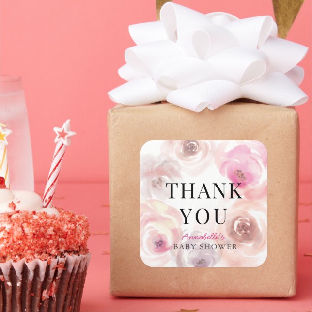 Baby in Bloom Wasserfarbe Rose Kinderdusche Quadratischer Aufkleber (Party)