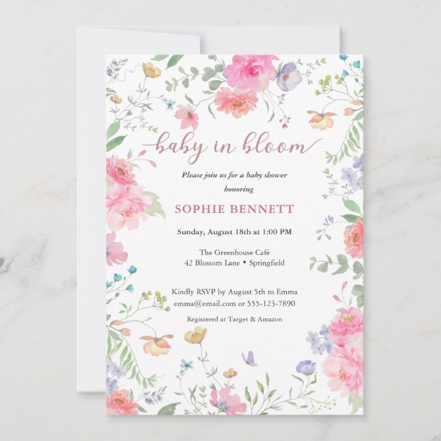 Baby in Bloom Wasserfarben Einladung (Vorderseite)