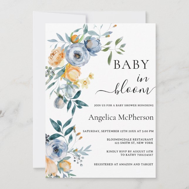 BABY IN BLOOM WATERCOLOR APRICOT BLAUE WILDBLUMEN EINLADUNG (Vorderseite)