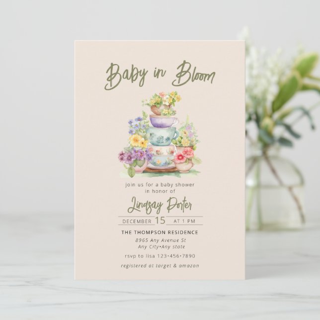 Baby in Bloom | Watercolor Baby Shower Einladung (Stehend Vorderseite)
