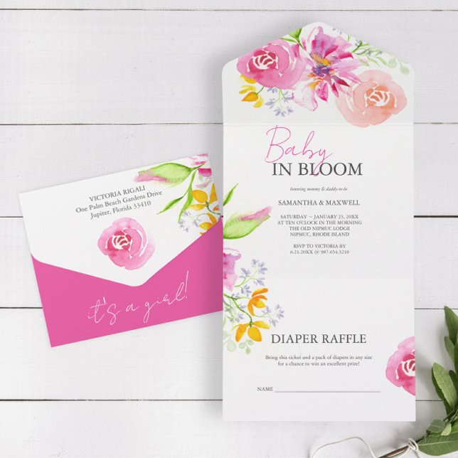 Baby in Bloom Watercolor Baby Shower Invitations All In One Einladung (Baby in bloom baby shower invites watercolor pink floral art by Victoria Grigaliunas )