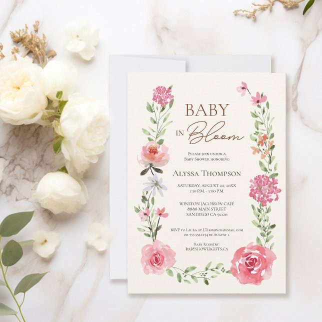 Baby in Bloom Watercolor Blume Kinderdusche Einladung (Baby In bloom baby shower invitation watercolor flowers.)