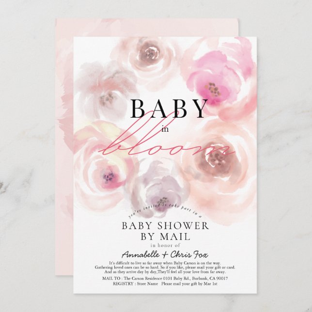 Baby in Bloom Watercolor Rose Kinderdusche per Mai Einladung (Vorne/Hinten)