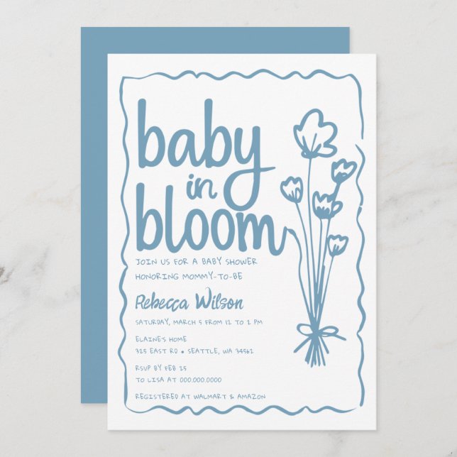 Baby in Bloom Whimsical Hand Drawn Boy Baby Dusche Einladung (Vorne/Hinten)