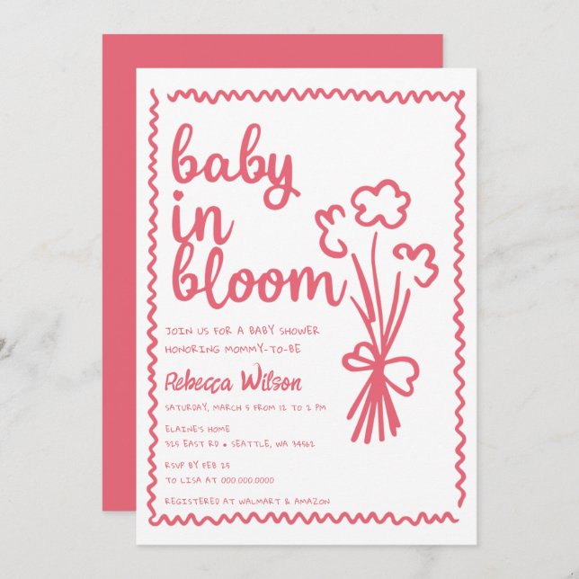 Baby in Bloom Whimsical HandDrawn Girl Baby Shower Einladung (Vorne/Hinten)