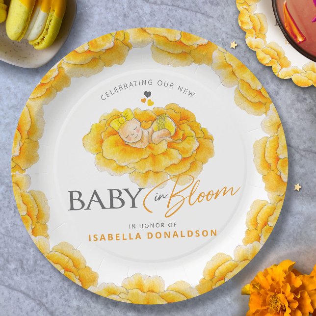 Baby in Bloom whimsy Aquarell gelbe Babydusche Pappteller (Von Creator hochgeladen)