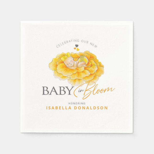 Baby in Bloom whimsy Aquarell gelbe Babydusche Serviette (Vorderseite)