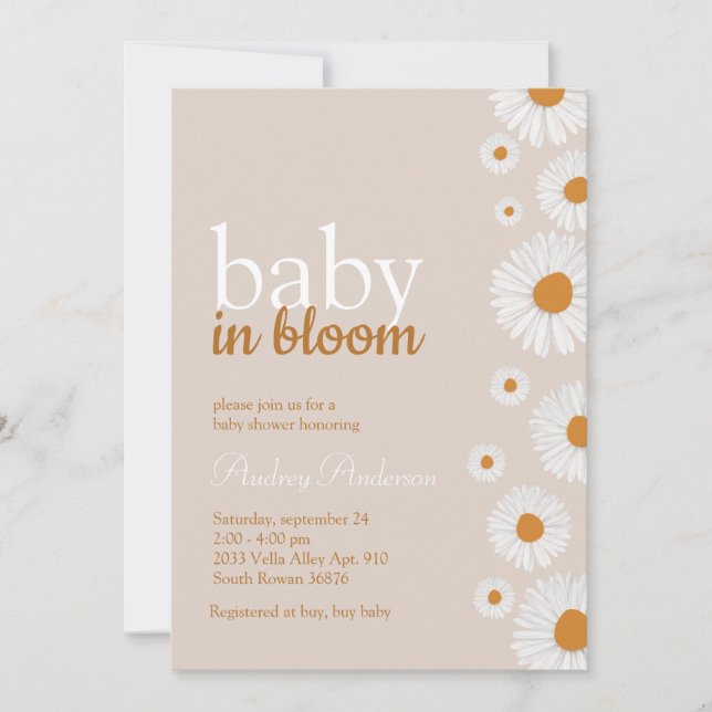 Baby in Bloom White Blume Kinderdusche Einladung (Vorderseite)
