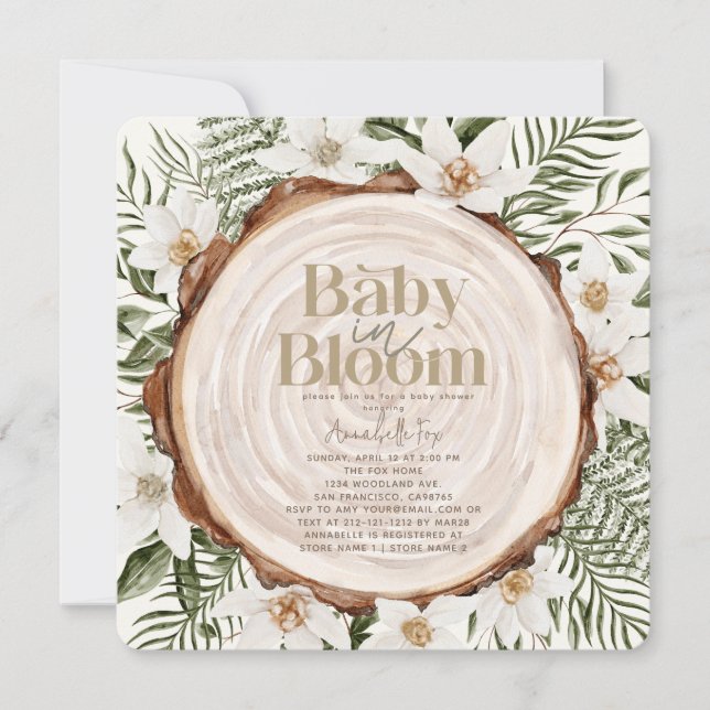 Baby in Bloom White Floral Wood Stump Baby Dusche Einladung (Vorderseite)
