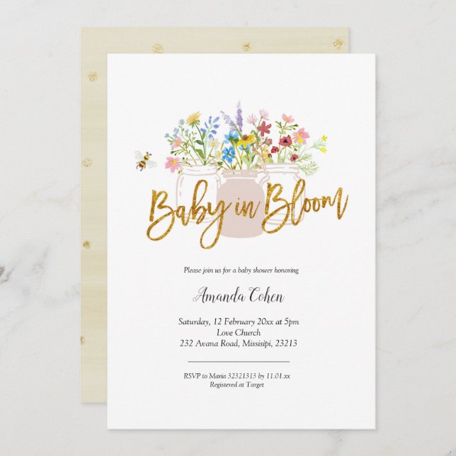 Baby in Bloom Wildblume Babydusche Einladung (Vorne/Hinten)