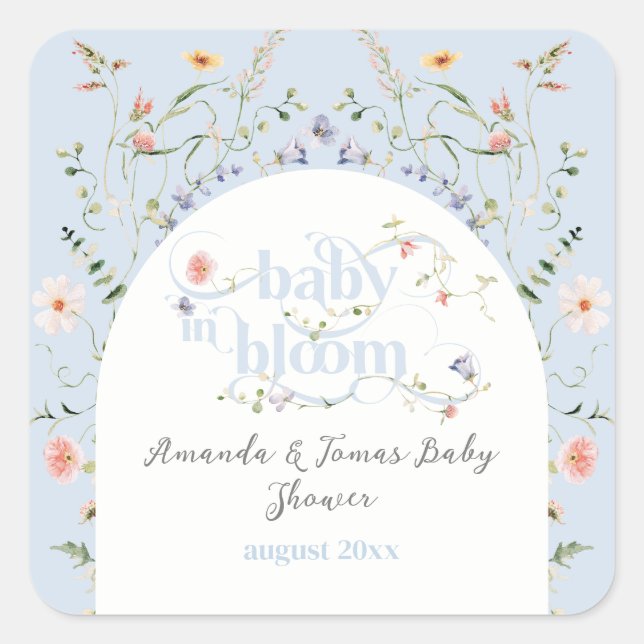 Baby in Bloom Wildblume Blue Boy Baby Dusche Quadratischer Aufkleber (Vorderseite)