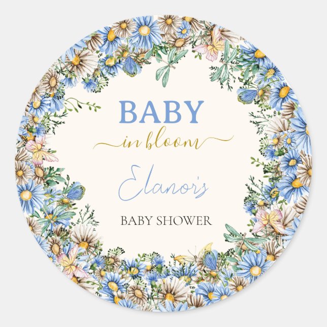 Baby in Bloom Wildblume Elegante Baby-Dusche Runder Aufkleber (Vorderseite)