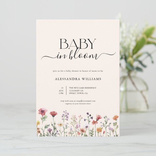 Baby in Bloom Wildblume Kinderdusche Einladung (Stehend Vorderseite)