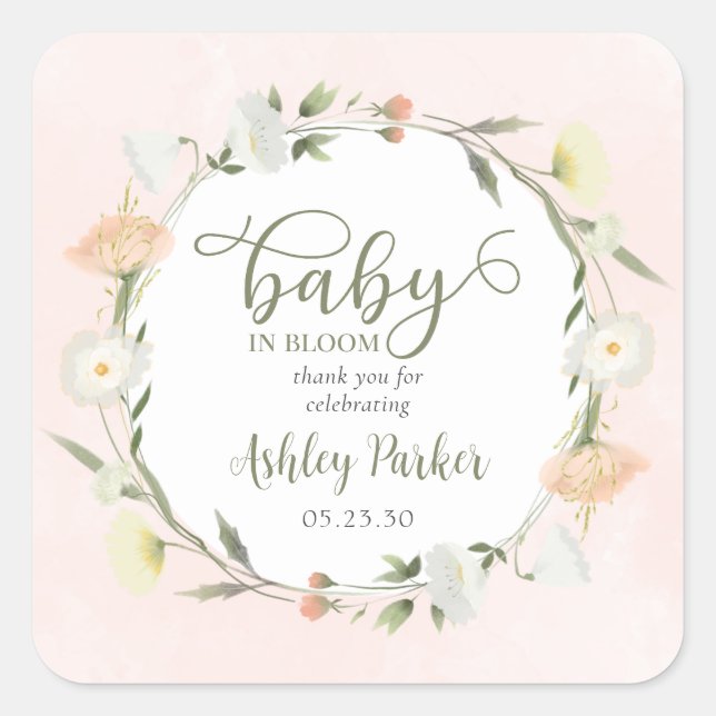 Baby in Bloom Wildblume Kinderdusche Vielen Dank Quadratischer Aufkleber (Vorderseite)