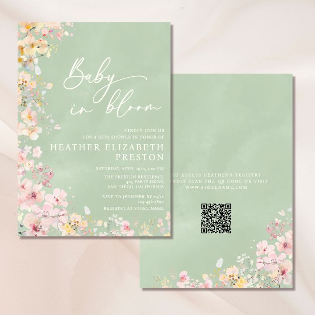 Baby in Bloom Wildblume Sage Green QR Kinderdusche Einladung (Von Creator hochgeladen)