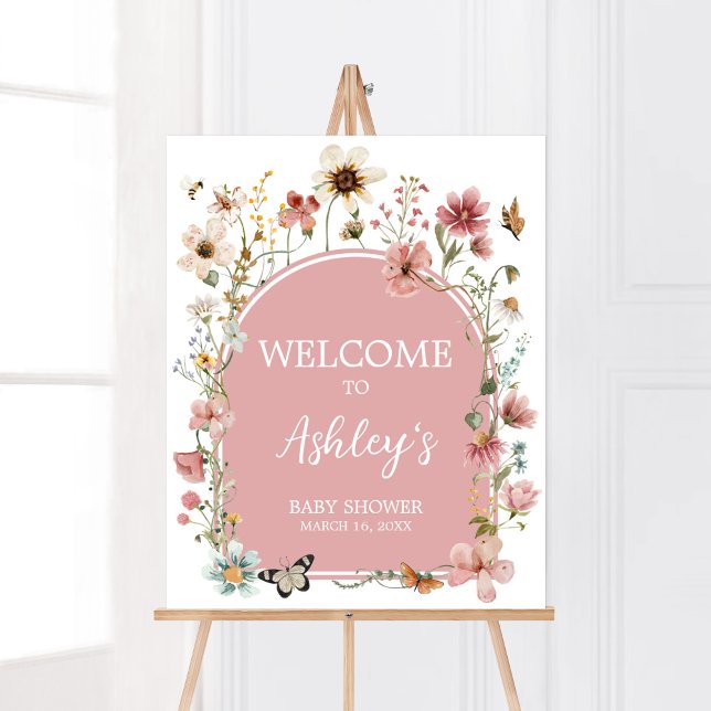 Baby in Bloom Wildblume Willkommen Poster (Muted Pink Spring Flowers Baby Shower Welcome Sign)