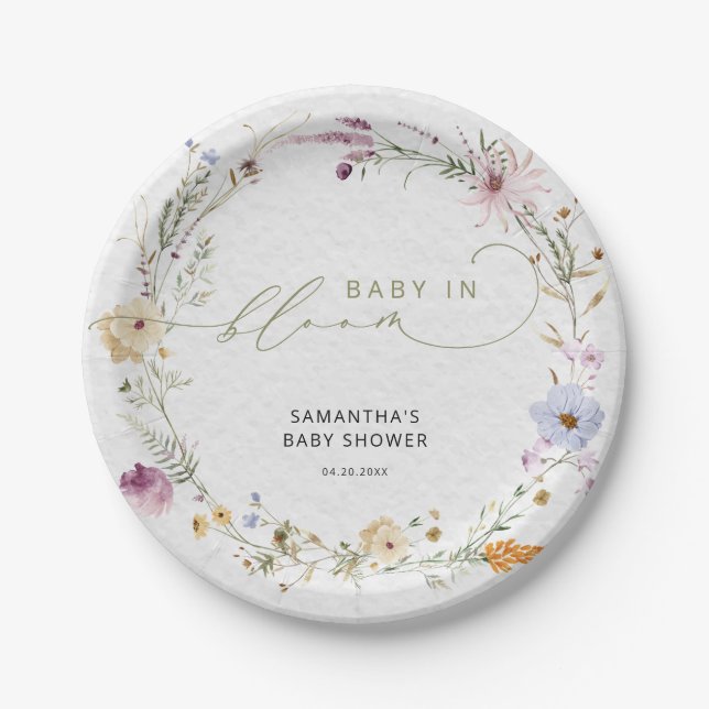 Baby in Bloom Wildblumen Boho Kinderdusche Pappteller (Vorderseite)
