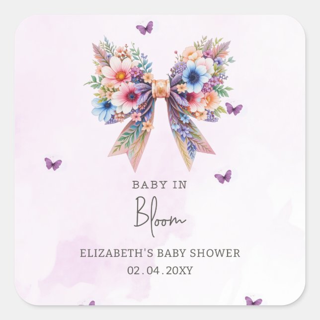 Baby in Bloom Wildblumen Bow Girl Baby Shower Quadratischer Aufkleber (Vorderseite)
