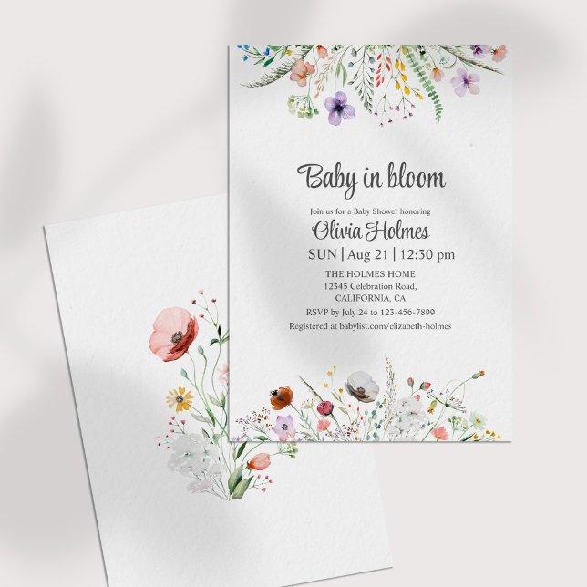 Baby in Bloom Wildblumen Kinderdusche Einladung (Baby in Bloom Wildflowers Baby Shower Invitation on a white table)